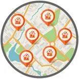 targeting mail icon showing selected houses on a map
