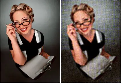 side-by-side photo showing the difference between high quality and low quality print resolution