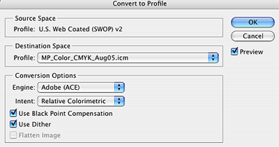 photoshop convert to color profile menu settings