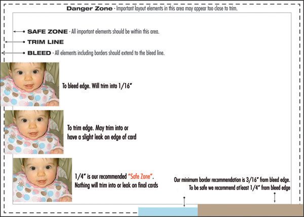 Templates include guides for trim, bleed, and the safe zone