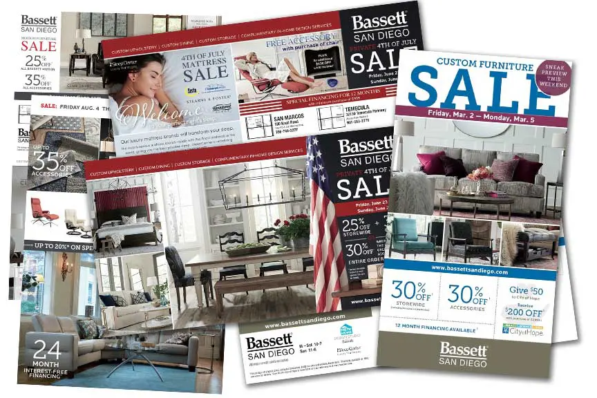 postcard marketing pieces created by a multi-location furniture store
