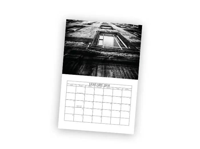 Deluxe Calendar deluxe calendar product image showing a calendar with a black and white window photo