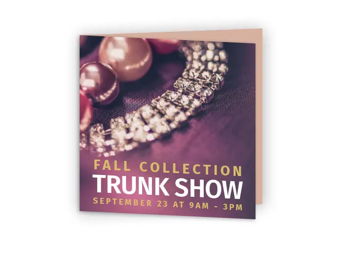 folded 6" square postcard product image - a fall collection trunk show