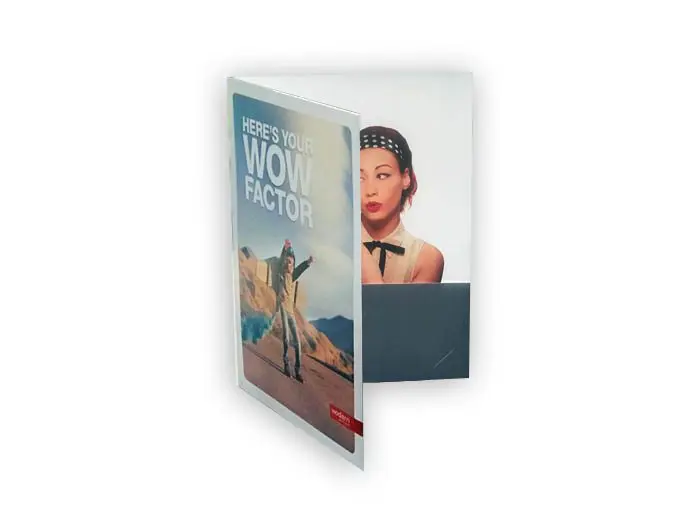 Presentation Folder presentation folder product image with a kid playing rocket on front and a woman on the inside cover