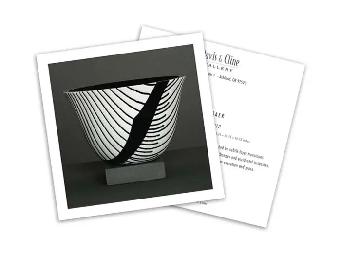 square postcard for an art museum showing a black and white pottery design