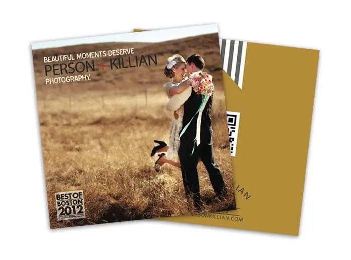 square postcard showing a newlywed couple in a field