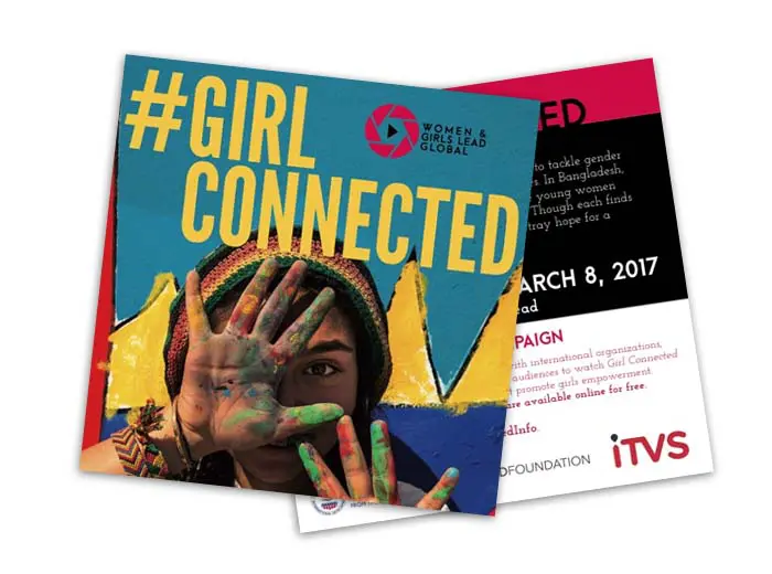 square postcard for girl connected showing a girl with paint on her hands