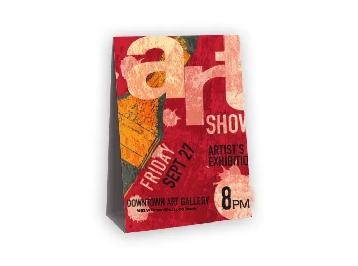 a vertical table tent product image - art gallery advertising an upcoming event