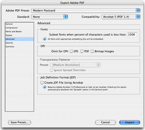 adobe indesign advanced pdf export settings options