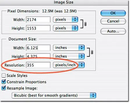 Selecting the recommended resolution of 355 pixels per inch Selecting the recommended resolution of 355 pixels per inch