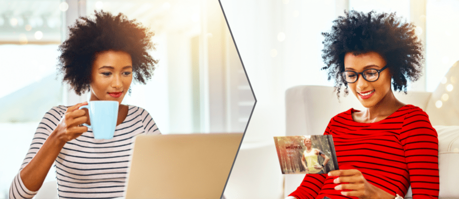 a woman drinking coffee on the computer and a few days later she is reading a postcard from that website
