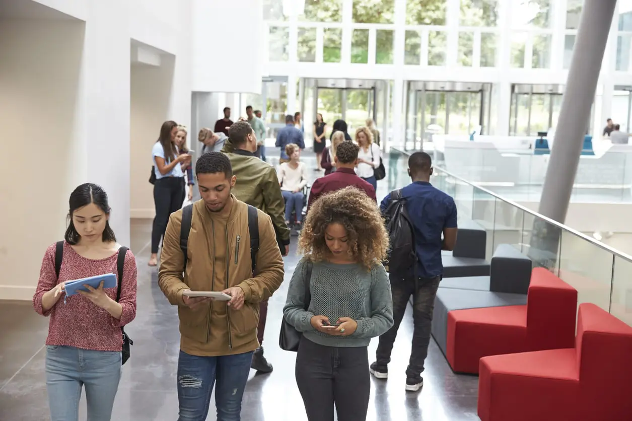 a group of students walking inside of a college campus