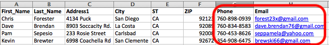 spredsheet showing data append services matching email and phone
