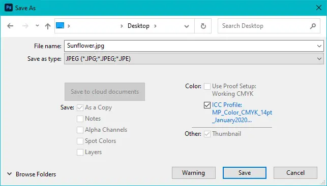 photoshop save as function with embedded color profile