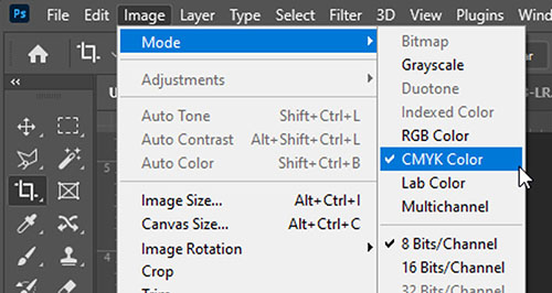 Photoshop screenshot showing how to set image mode to CMYK