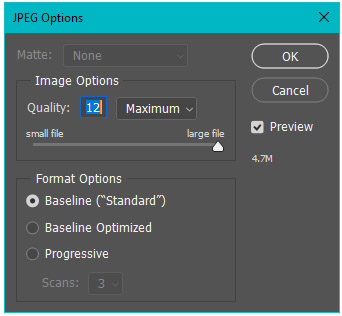 Adobe Photoshop JPEG Settings photoshop jpg file save options showing recommended settings for printing with modern postcard