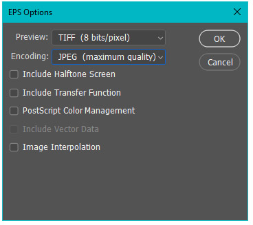 Adobe Photoshop EPS Options photoshop settings for saving an eps file for print