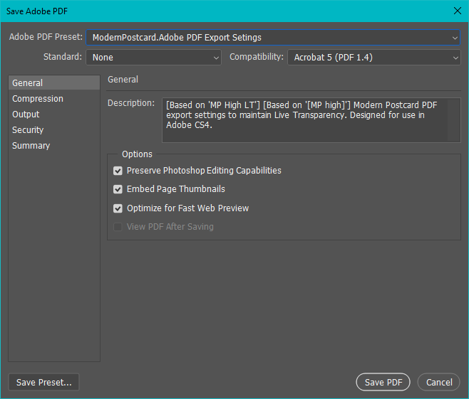 adobe photoshop save as adobe pdf options general tab