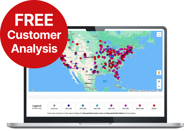 Free Customer Analysis for Attending Laptop with customer locations in the United States shown on a web dashboard