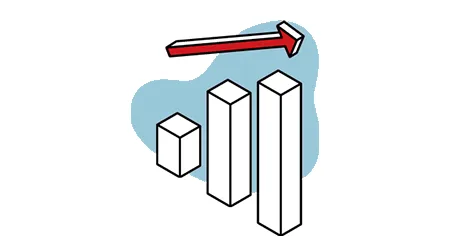 Icon showing positive return on investment with red arrow and bar graphs