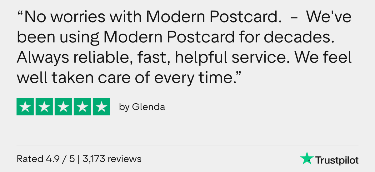 Trustpilot Review - Glenda Modern Postcard TrustPilot review from Glenda