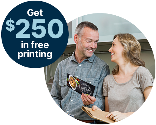 Get $250 in Free Printing get $250 in free print offer circle with a couple holding a direct mail postcard