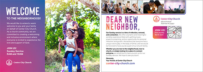 New Mover Church Direct Mail Postcard showing a family - and the front and mailing side of the postcard
