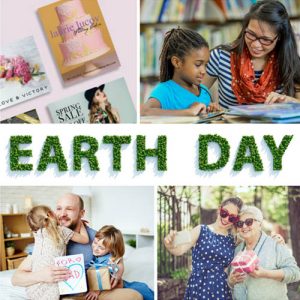 earth day written in grass text with families and postcards