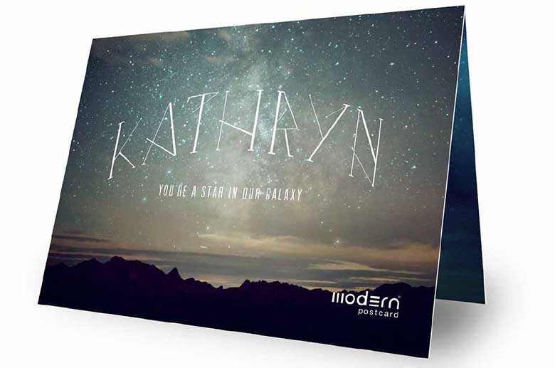 Personalized galaxy themed greeting card created with VDP by Modern Postcard.