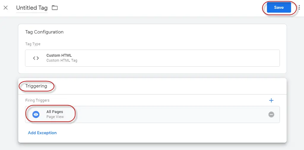 gtm tag configuration with triggering and all pages circled
