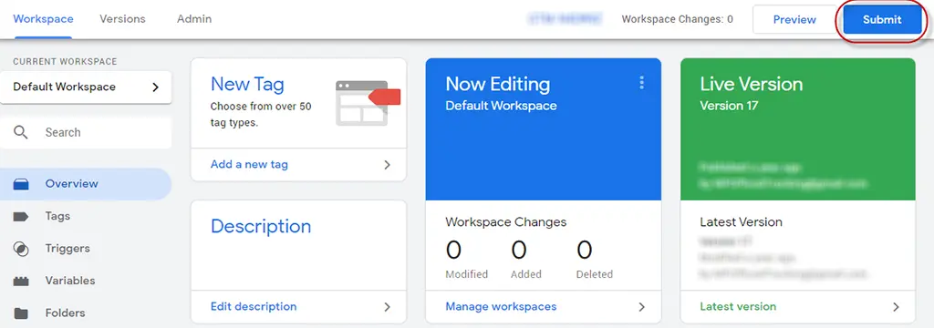 gtm submit tag screen overview with the submit and publish buttons circled