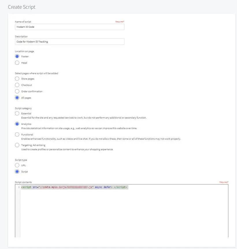 bigcommerce menu for creating a script located in the header or footer