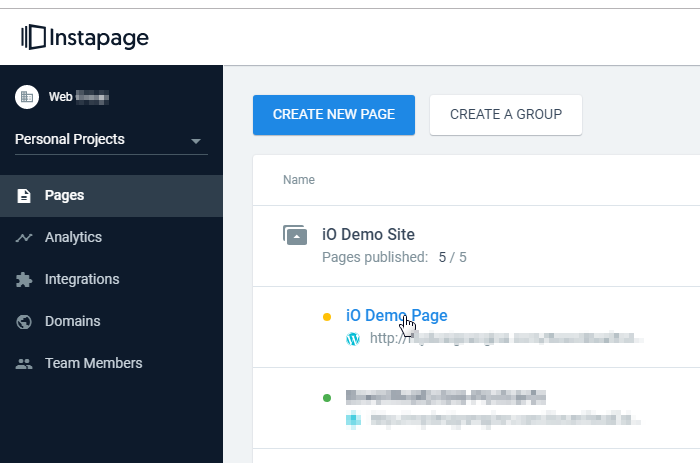instapage admin menu selecting website page