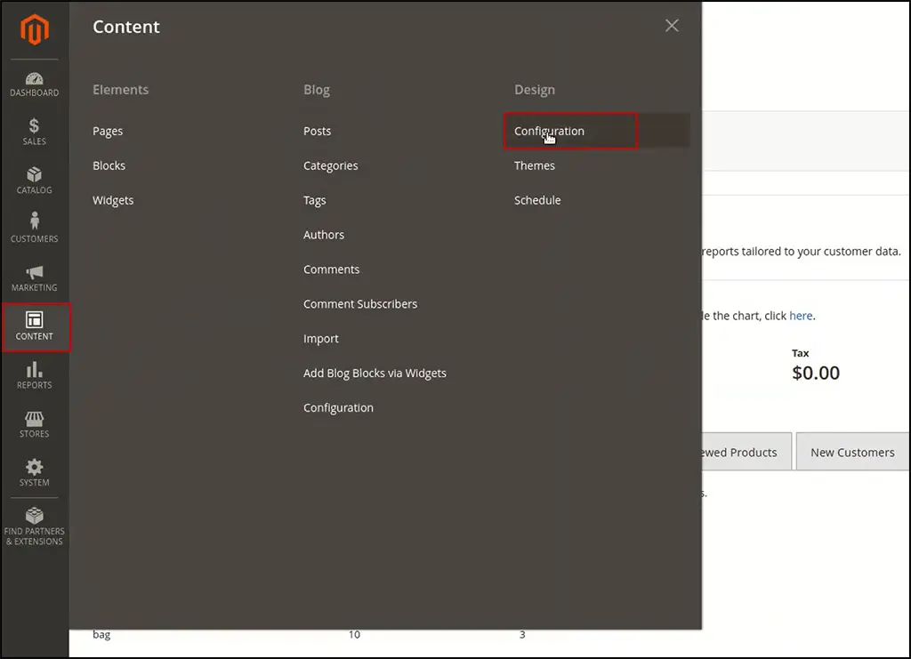 magento content admin screen with configuration selected