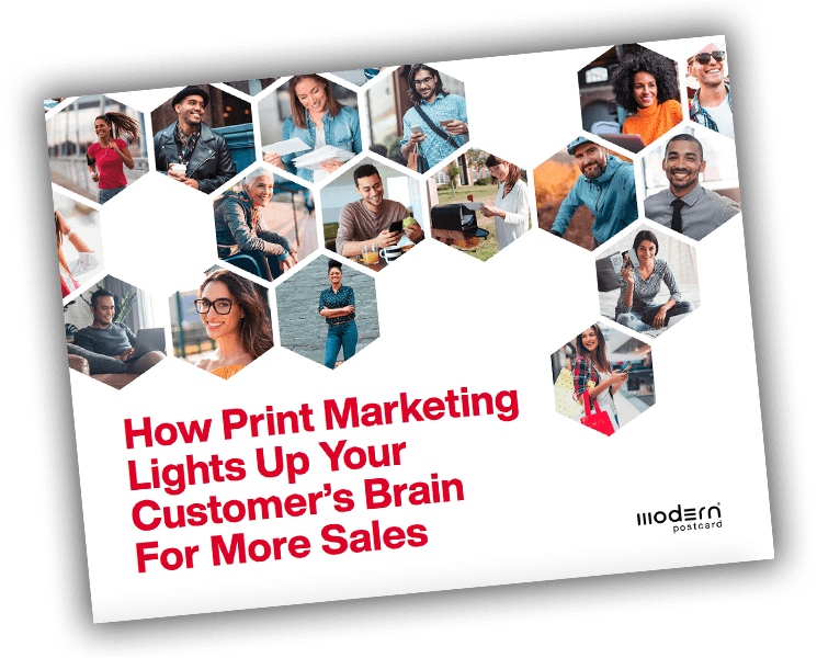 diverse group of people in honeycomb shapes with the text how print marketing lights up your customers brain for more sales