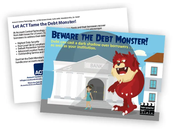 5x7 postcard product image showing a get out of debt company design postcard design with a fun monster near a bank