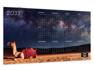one year calendar card with a postcard design of a camel with stars in the sky