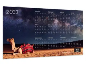 Calendar Card one year calendar card with a postcard design of a camel with stars in the sky