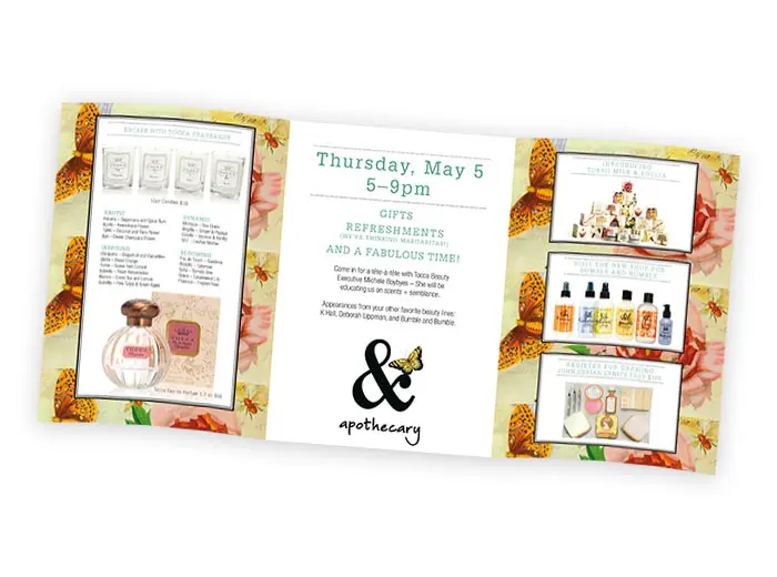 folded triple 5x7 product image showing a beauty company advertising an upcoming event