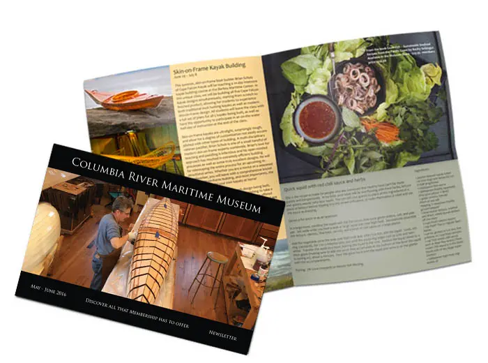 product image for large newsletter showing a man working on a boat on the cover and a salad and boat picture on the inside