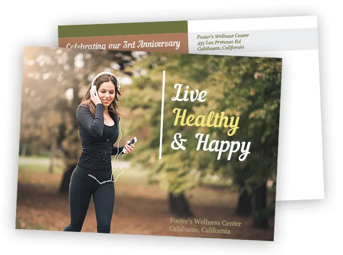 standard postcard product image showing a woman jogging in the park with the words live healthy and happy